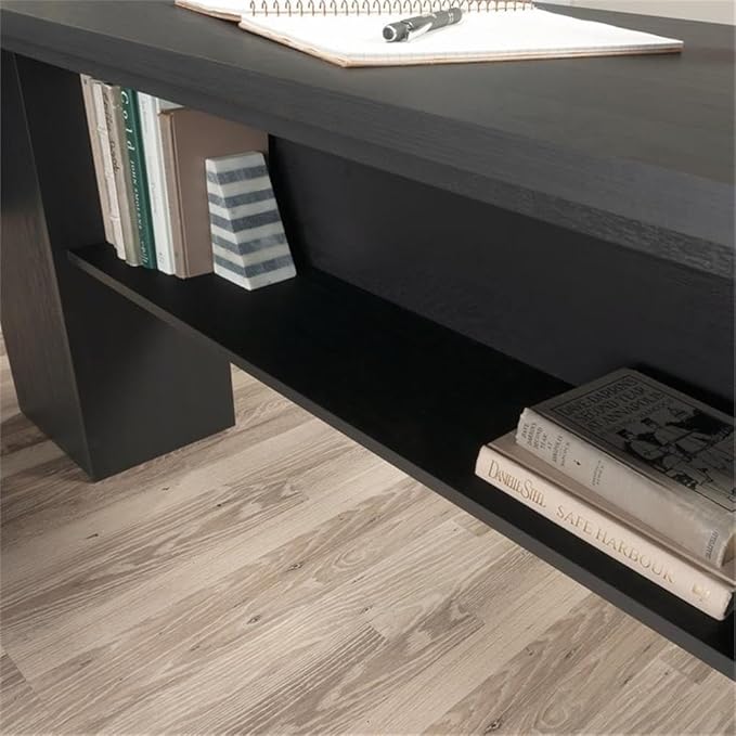 Pemberly Row L-Shaped Engineered Wood Computer Desk Raven Oak Finish 59 in Width File Drawer Cord Management Lower Shelf Finished Sides Home Office Desk for Organization and Storage