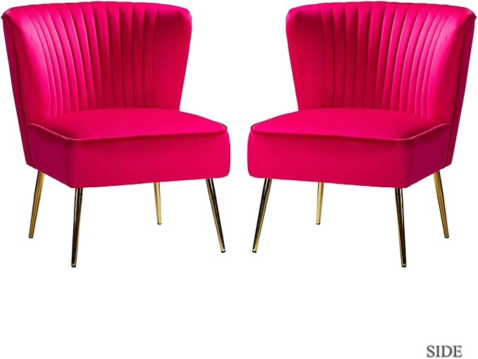 TINA'S HOME Monica Velvet Armless Side Chair Set of 2 Upholstered Accent Chair Comfy Living Room Chair with Golden Legs Wingback Mid Century Slipper Chair for Bedroom Guest Room- Fuchsia