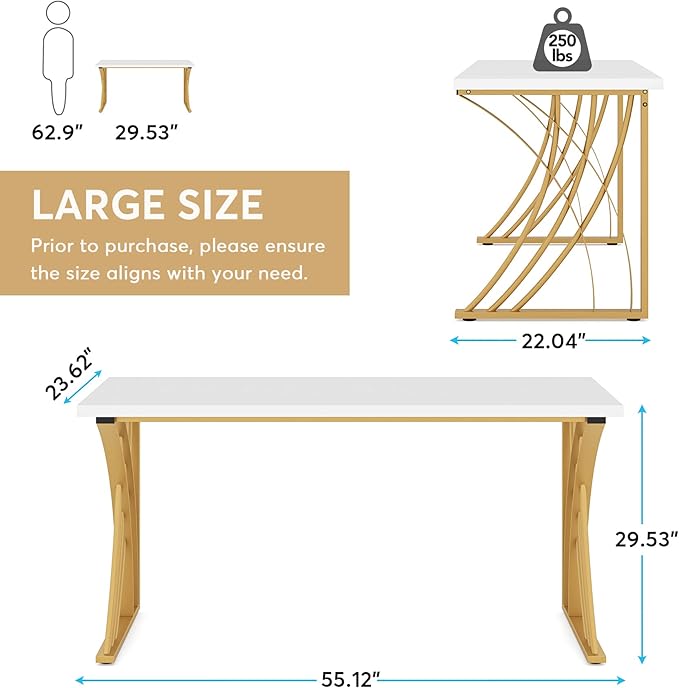 LITTLE TREE 55’’ Large Modern Computer Desk White &amp Gold Luxury Laptop PC Student Table Makeup Vanity Table with Thick Frame &amp Strong Legs Sturdy Writing Workstation for Home &amp Office