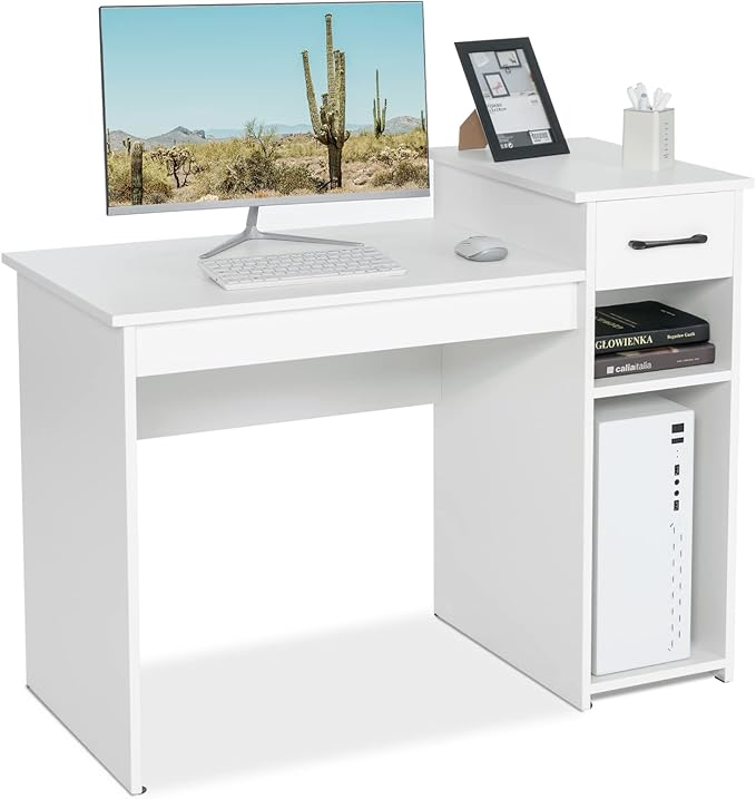 COSTWAY Computer Desk 40 inch Laptop PC Gaming Table with Drawer Monitor Stand &amp Storage Shelf Modern Simple Study Writing Table for Home &amp Office Easy Assembly White