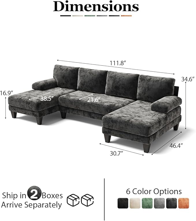 Sectional Couches for Living Room | 112 Inch U-Shaped Sectional Couch | 4 Seat Sofa Set with Double Chaise for Apartment | Dark Grey Chenille