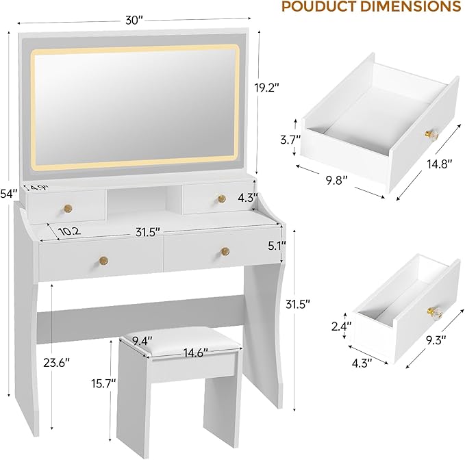 COMHOMA Makeup Vanity Desk with Mirror and Lights Vanity Table and Chair Set with 4 Drawers &amp Charging Station Bedroom Dressing Table Stepless Dimmable &amp 3 Color Modes Adjustable White