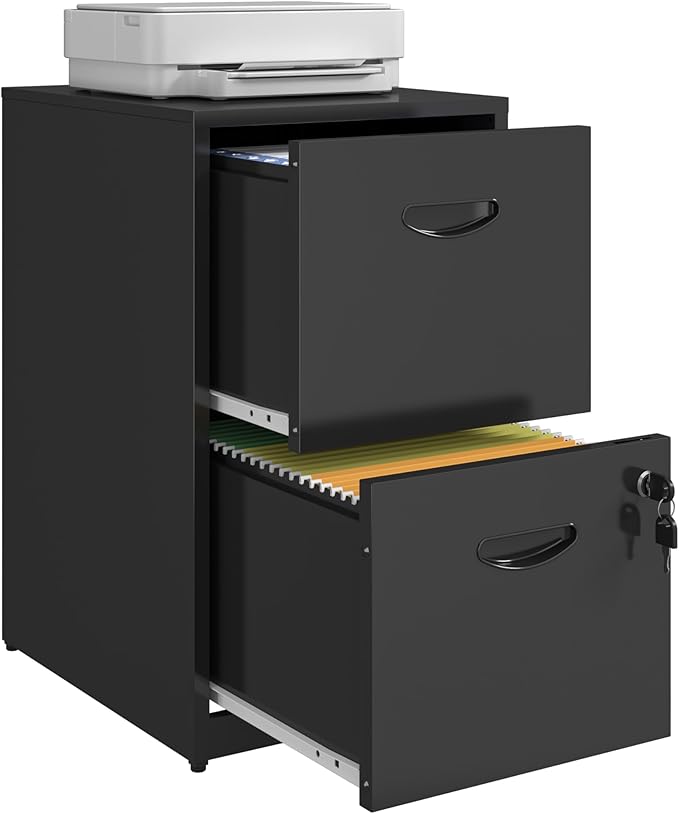 2 Drawer File Cabinet with Lock Metal File Cabinets for Home Office Under Desk Storage Printer Stand Office File Cabinets for Letters and File Boxes Assembly Required Black