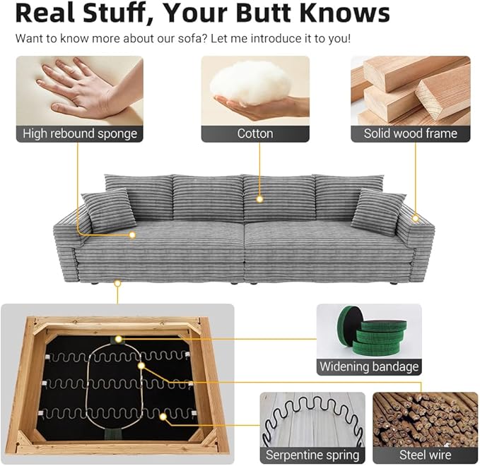 Cloud L Shaped Couch Modular Sectional Sofa 3 Seater Corduroy Cloud Sofa Couch with Ottoman 82.7'' Oversized Chaise Lounge Sleeper Sofas Deep Seat Sectional Couches for Living Room Grey