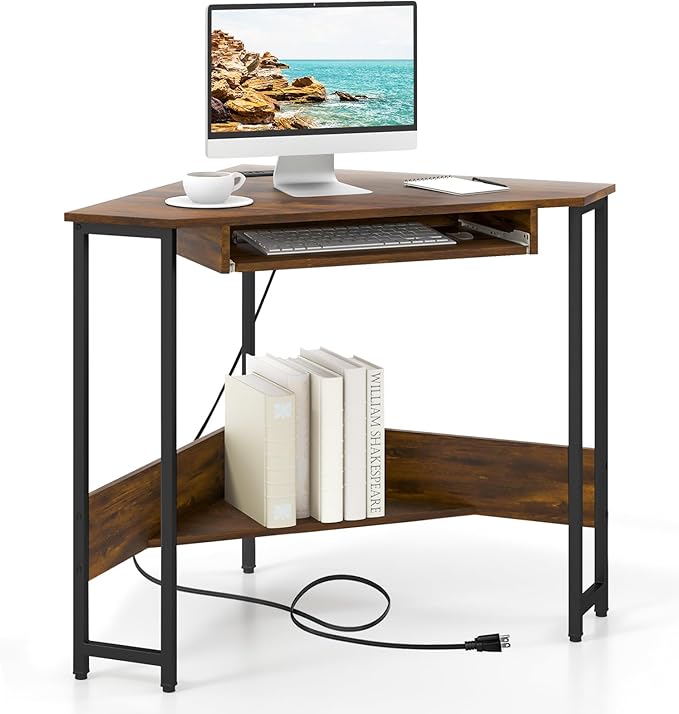 Corner Desk Triangle Computer Desk with Power Outlets Small Desk for Small Spaces Compact Makeup Vanity Desk with Storage Shelf &amp Keyboard Tray Home Office Workstation for Bedroom