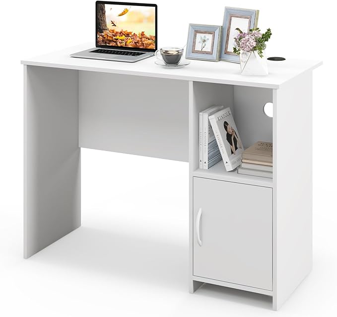 GOFLAME Modern Computer Desk with Cabinet Writing Study Desk with Cable Holes &amp Open Shelf Laptop PC Desk with Storage Compact Computer Workstation for Home Office White