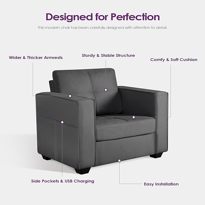 TYBOATLE Oversized Accent Chair w/Side Pockets Modern Tufted Upholstered Living Room Chair Comfy Arm Chair Linen Fabric Reading Waiting Room Chairs for Bedroom Apartment Office
