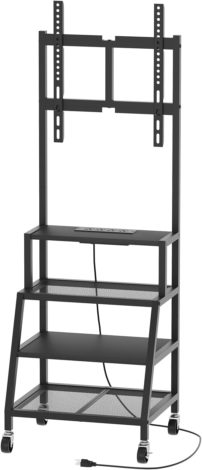 Rolling TV Stand with Mount Corner TV Console with Wheels Up to 55 Inches Entertainment Center with Storage Small TV Stand with Power Outlet for Living Room Bedroom Black TVBK117E01