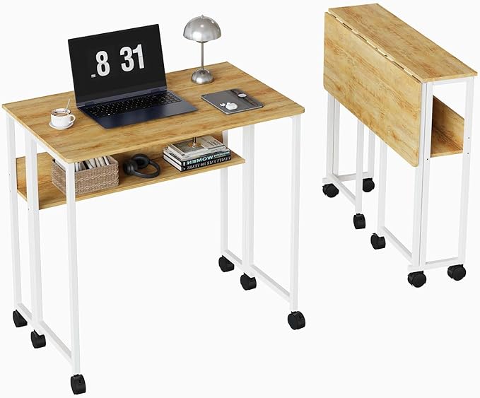 24.8 Folding Rolling Desk with Storage Shelf Small Foldable Computer Table on Wheels for Home Office &amp Small Spaces Portable Workstation with Brakes Oak