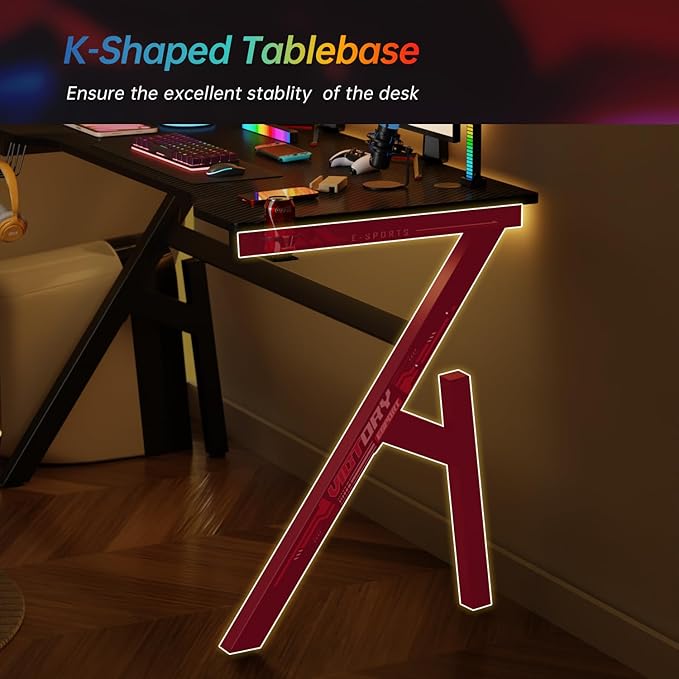 47 Inch Gaming Computer Desk Ergonomic Carbon Fiber PC Table Large Computer Desk PC Gaming Workstation Home Office Desks with Cup Holder Headphone HookRed