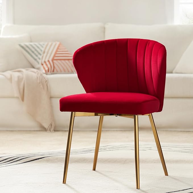 HULALA HOME Dining Chairs Set of 2 Velvet Upholstered Kitchen &amp Dining Room Chairs with Metal Legs Vanity Chair Armless Side Chairs for Living Room Bedroom Restaurant Channel Curved Backrest Red