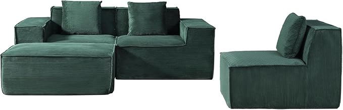 Harper Convertible Corduroy Sectional Couch with Ottoman &amp Pillows Modular L Shaped Sleeper Sofa Boneless Cloud Couch for Living Room Furniture Dark Green