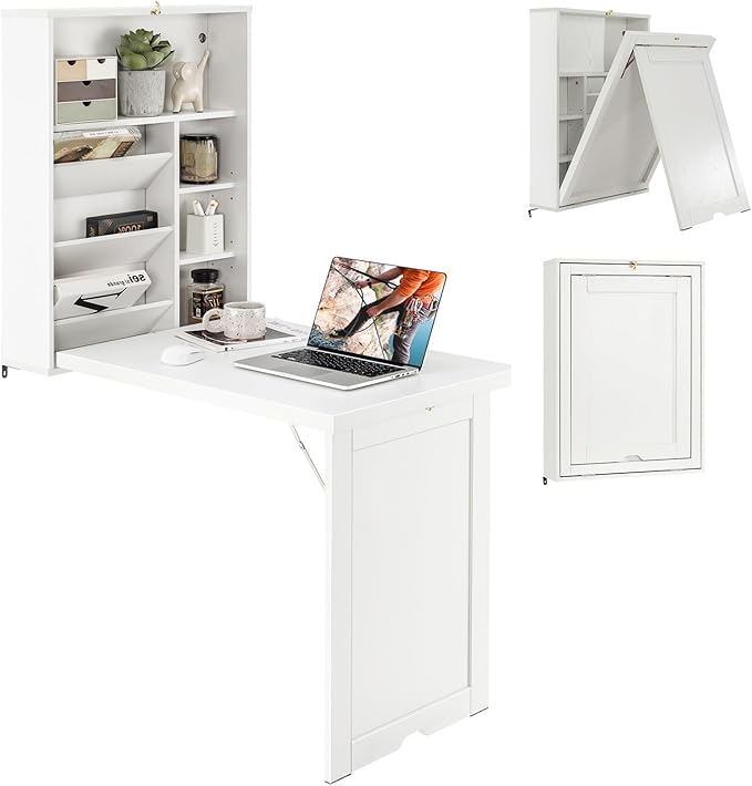 Wall Mounted Desk Wood Collapsible Floating Desk Convertible Computer Desk with Storage Area Hanging Fold Out Table for Home Office Small Spaces (White)