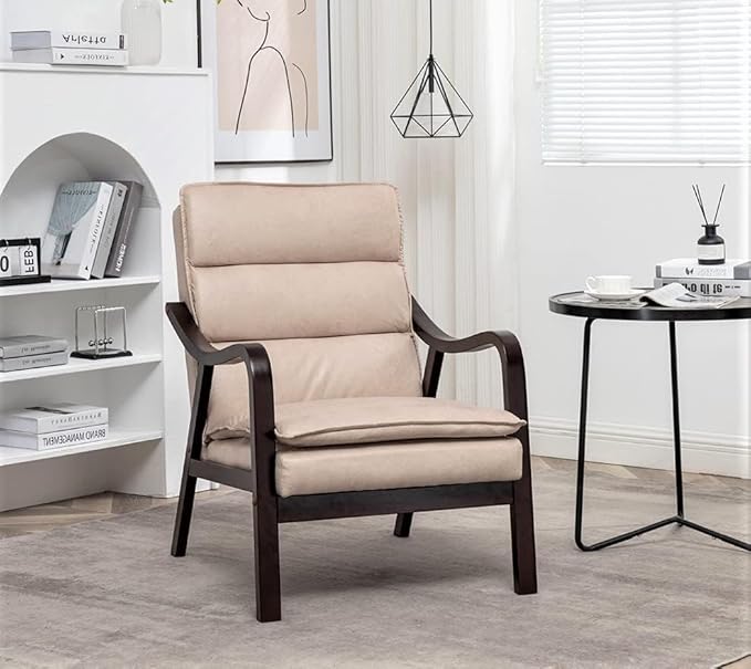 Mid Century Modern Accent Chair for Living Room Bedroom or Office Retro-Styled Armchair with Solid Wood Frame and Plush Cushioning Spotted Microfiber Light Camel