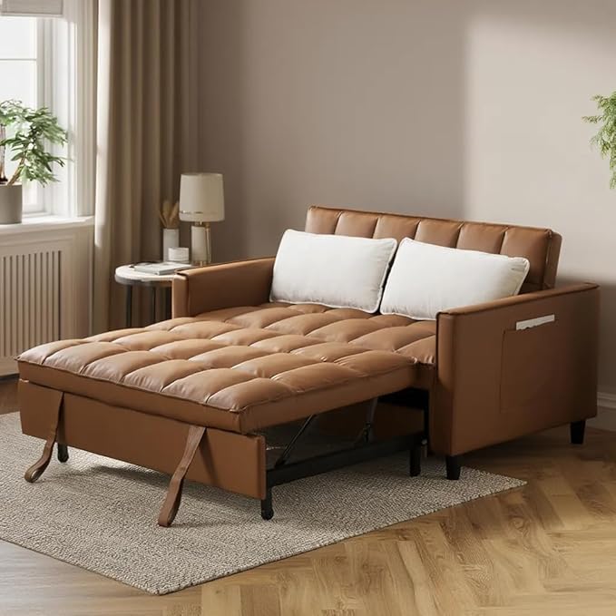 3 in 1 Convertible Sofa Bed Love Seat Sleeper Bed with Side Pockets PU Fabric Pull Out Couch with Adjustable Backrest for Living Room Bedroom Apartment Brown
