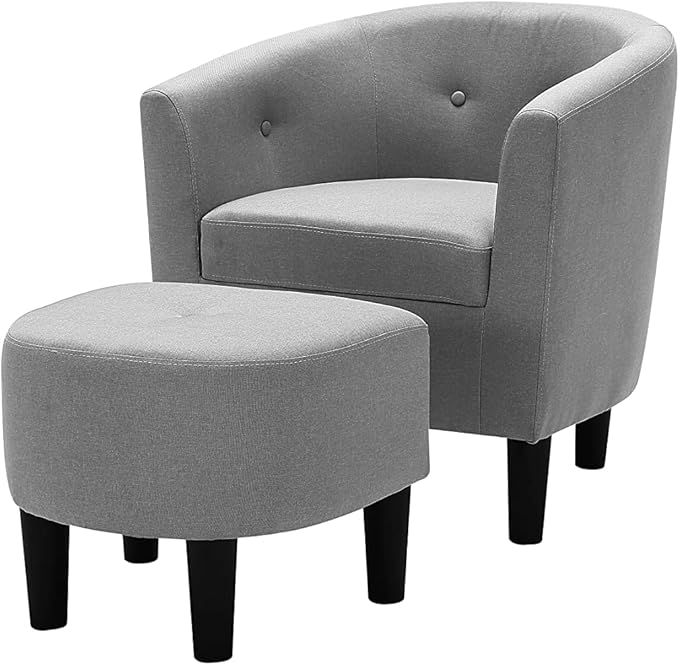 Devion Furniture 57 H Transitional Polyester Fabric Upholstered Button Tufted Accent Chair with Ottoman Easy Assembly for Living Room/Home Office in Light Gray &amp Black Finish