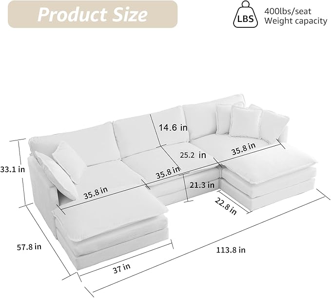 113.8 Modern Sectional Couches for Living Room Blue Chenille Comfy Cloud Couch Sectional 3 Seater Couch for Living Room with 2 Ottoman Sofas para Sala U Shaped Sofas &amp Couches (Blue 3+2 Set)