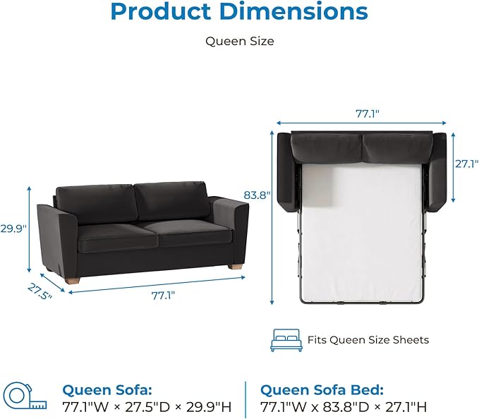 Mjkone 77 W Queen Size Pull Out Sofa Bed 2-in-1 Convertible Velvet Loveseat Sleeper Sofas Couch with Pull Out Couch Bed Folding Sofa Sleepers with Mattress for Living Room Apartment Dark Grey