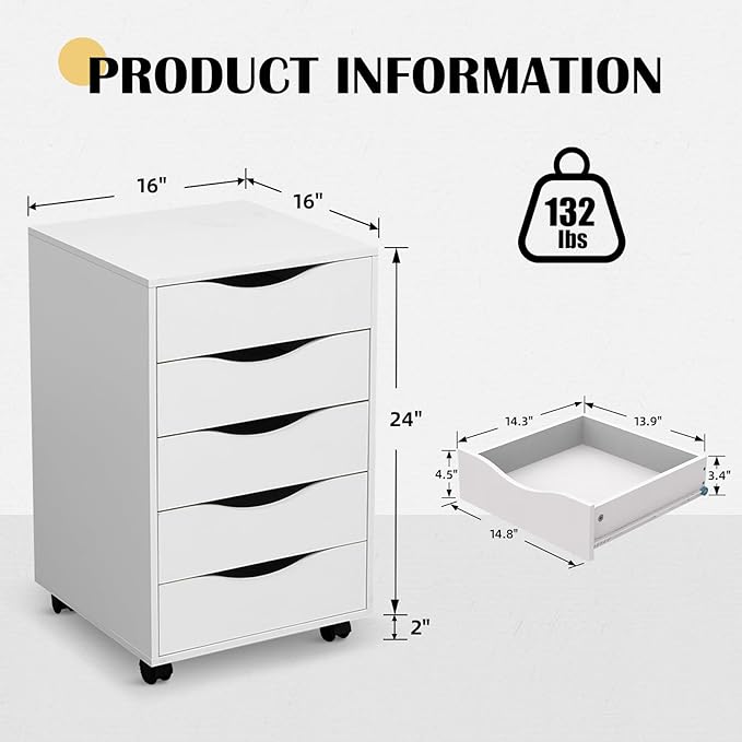 QDSSDECO 5 Drawer Chest Wood File Cabinet Rolling Storage Dresser with Wheels for Home Office White