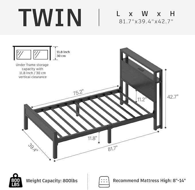 Twin Size Bed Frame with LED Lights and Charging Station Wood Storage Headboard with 2-Tier Shelves Heavy Duty Metal Slats No Box Spring Need Noise Free Easy Assembly Black