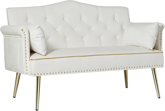 Velvet Loveseat SofaSmall 2 Seater Couch with Nailhead Trim and Side Pockets for Living Room Apartment (Cream White)