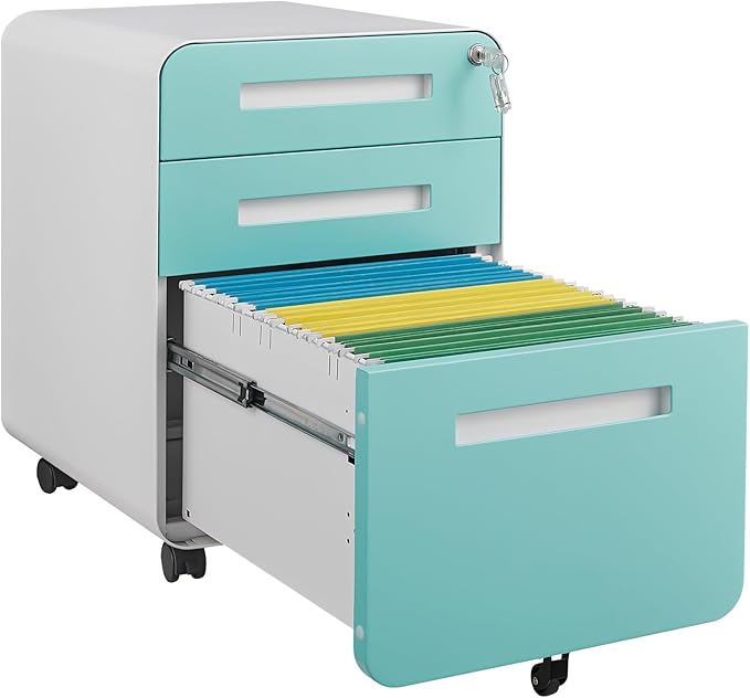 3 Drawer Mobile File Cabinet with Lock Under Desk Metal Filing Cabinet for Home Office Assembled Removable Under Desk Storage with Wheels for A4-Size/Letter-Size/Legal-Size (Light Blue)
