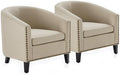 BELLEZE Accent Barrel Chair Set of 2 Modern Tub Club Chair Upholstered Armchair with Gold Nail Head Trim and Black Legs for Living Room Bedroom Apartment Lounge - Beige/Linen