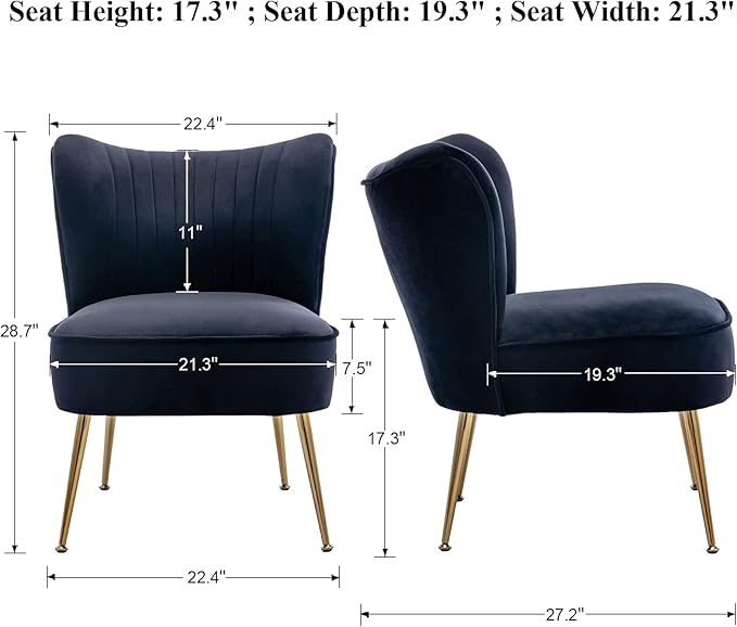 DUOMAY Modern Accent Chair Set of 2 Velvet Slipper Chair with Gold Legs Wingback Side Chair for Living Room Bedroom Entryway Small Corner Chair for Space Saving Black