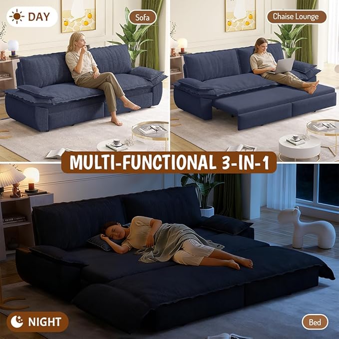 73.2 Queen Size Pull Out Sofa Bed 3-in-1 Convertible Sleeper Corduroy Loveseat for Living Room Apartment Bedroom Small Spaces Dusty Blue (Mattress &amp Bedding Not Included)