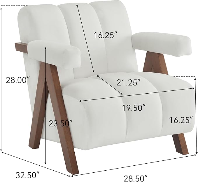 Mid Century Modern Accent Chair with Solid Wood e Upholstered Living Room Chairs with Thick Cushion Comfy Tufted Arm Chair for Bedroom Living Room Velvet Ivory