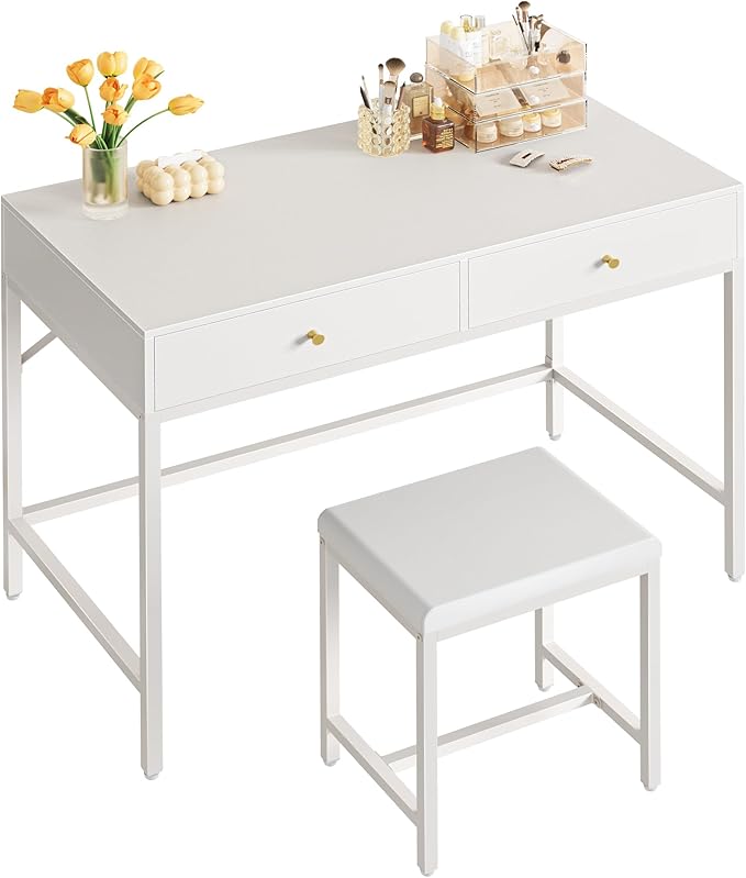 SUPERJARE 35.4 White Desk with 2 Drawers Modern Makeup Vanity with Padded Stool Small Computer Desk Home Office Desk for Writing Study Bedroom
