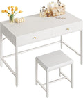 SUPERJARE 35.4 White Desk with 2 Drawers Modern Makeup Vanity with Padded Stool Small Computer Desk Home Office Desk for Writing Study Bedroom