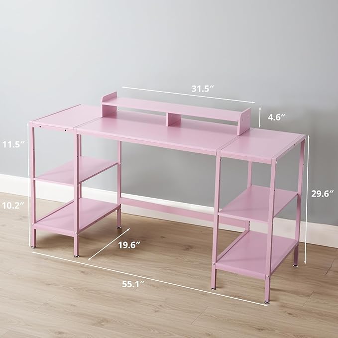 Computer Desk 55-inch with Storage Shelf - Pink Ideal Gaming Desk for Bedrooms Small Spaces and Home Offices Modern Writing Desk for PCs.