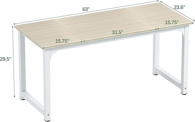 NSdirect Large Office Desk for Home Office Large 63 Computer Desk Table Wide Writing Study Desk for 2 Person Metal Sturdy Frame Thicker Steel Legs (White Oak 63L x 23.6W x 29.5H)
