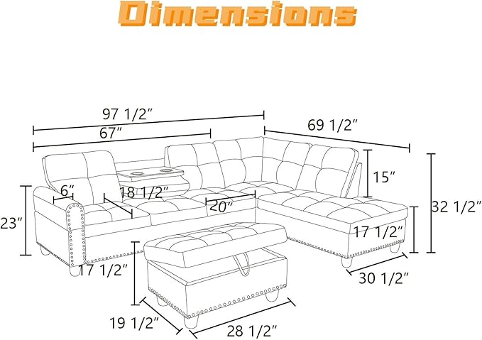 FONTOI L Shaped Sectional Couch with Otttoman 97 Sectional Sofa for Living Room Flannel Modular Couches with Cup Holders for Bedroom Apartments Black Grey