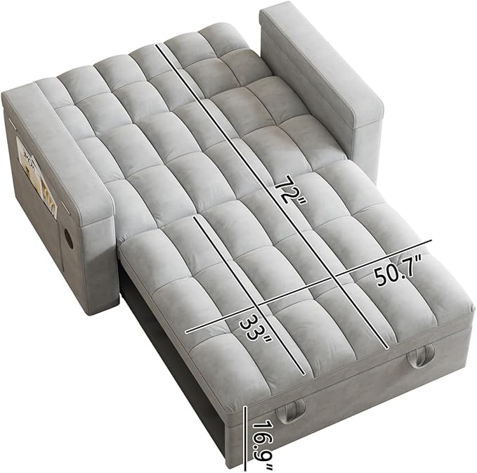 65 Modern Velvet Double Sofa 3 in 1 Foldable Computer Desk Sofa Bed with Adjustable Backrest Storage Bag and Pillow Hidden Living Room Laptop Desk with USB Port (Light Gray)