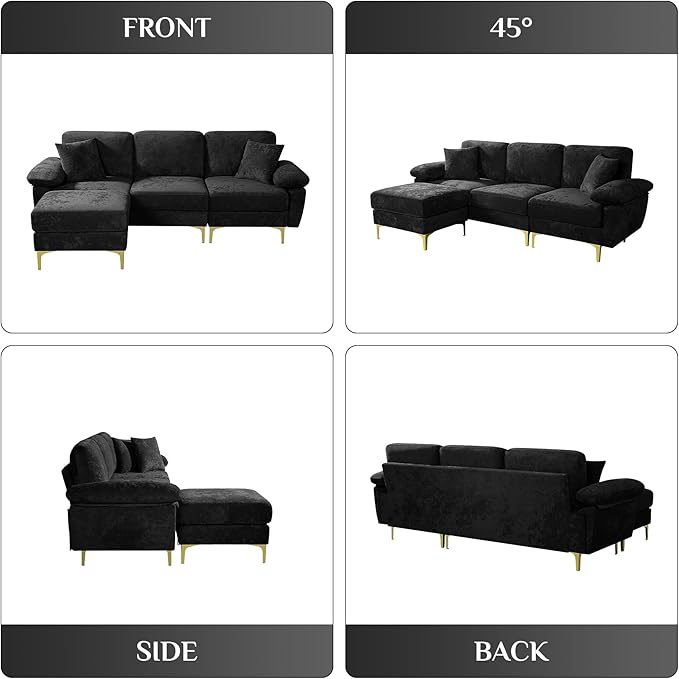 L Shaped Sectional Sofa Couch 91 Comfy Velvet Upholstered 3 Seat Sofa Set with Convertible Ottoman &amp 2 Pillows Modern Deep Seat Cloud Couch for Living Room Apartment Black