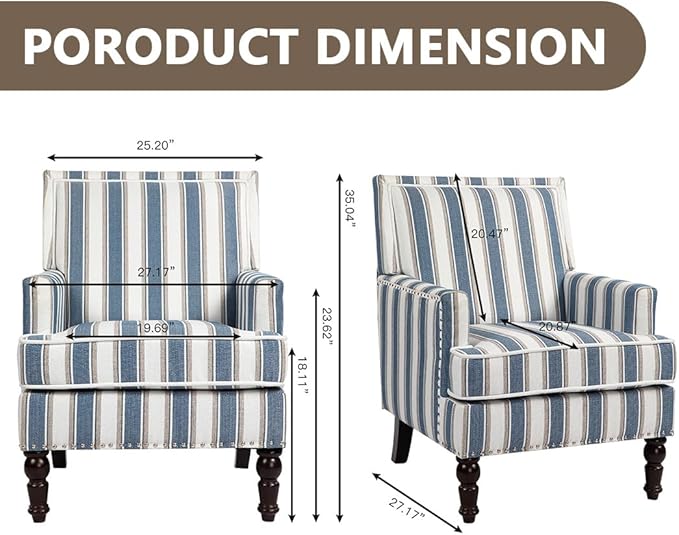 Striped Accent Chair Upholstered Armchair &amp Blue Side Chair for Living Room Bedroom Modern Farmhouse|Wood Legs