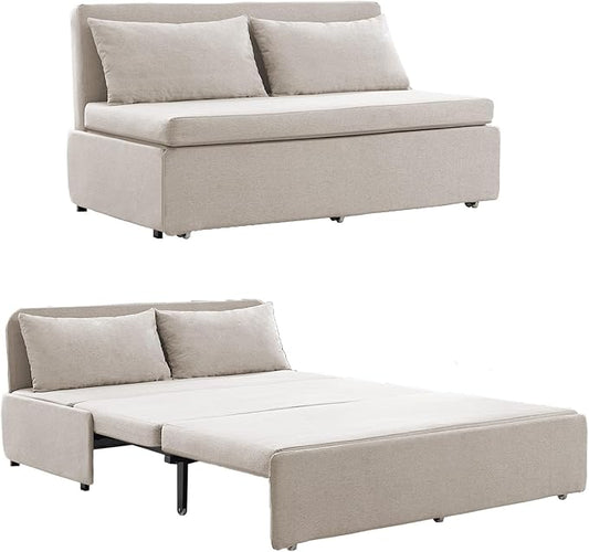 BALUS 64 W Queen Size Pull Out Sofa Bed Sleeper Couch with Pullout Beds 2 in 1 Convertible Guest Sofas Loveseat Sofabed with 3.9 Folding Mattress and Pillows for Living Room Apartment Loft - Beige