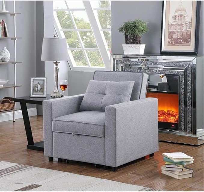 Lilola Home Zoey Light Gray Linen Convertible Sleeper Chair with Side Pocket