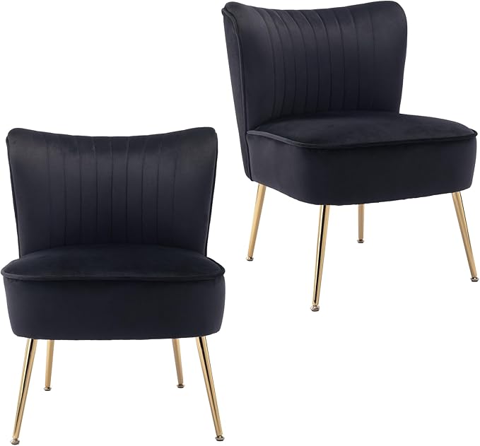 KCC Modern Velvet Upholstered Accent Chair Set of 2Mid Century Living Room Chairs with Golden LegsComfy Armless Chair Wingback Single Sofa Side Chair for BedroomBlack