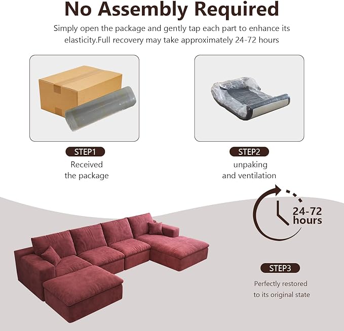 136.6'' U-Shaped Modern Modular Sectional Cloud Couch Whit Ottoman 4-Seat Chenille Deep-Seat Sofa with Pillow for Living Room Bedroom Apartment Wine Red