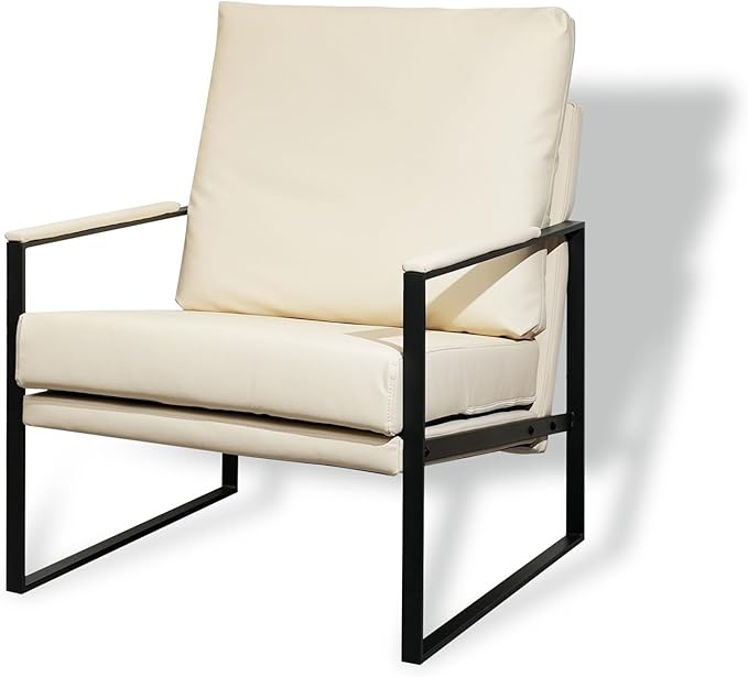 CONSDAN StoneCreek Accent Chair Modern Armchair with Metal Frame Leather Single Sofa Chair with Thick Padded Backrest Upholstered Lounge Chair for Living Room Bedroom Pale Cream White