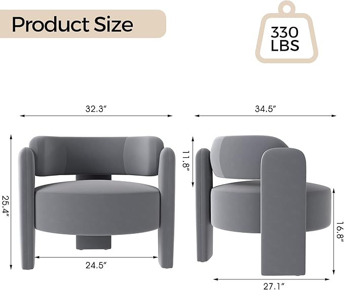 NOBPEINT Mid Century Modern Accent Barrel Chair Round Upholstered Leisure Armchair with Open Back for Living Room Bedroom Apartment Gray