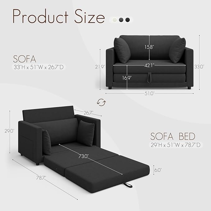 Convertible Sofa Bed 2 in 1 Pull Out Loveseat Sleeper Sofa | 78.7” Folding Floor Sofa Bed for Guest Room Bedroom | Black