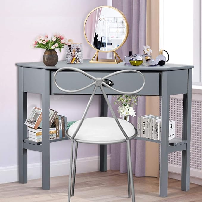 Tangkula Corner Desk Corner Computer Desk with Drawer for Small Space Small Corner Makeup Vanity Desk 90 Degrees Triangle Corner Desk with Storage Shelves (Grey)