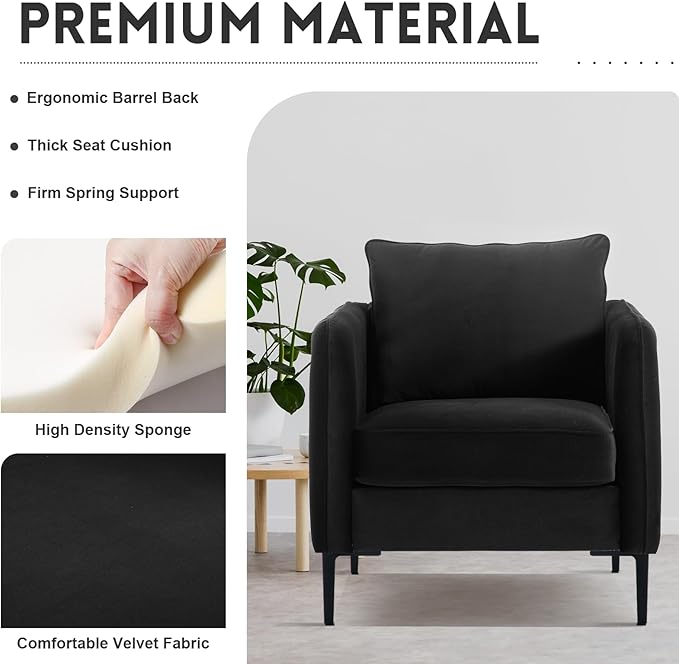 Velvet Accent Chair Mid Century Modern Single Arm Chair Comfy Living Room Reading Bedroom Lounge 6.3 Inch Upholstered Cushioned Black Metal Legs (Black Sofa Chair Set of 2)