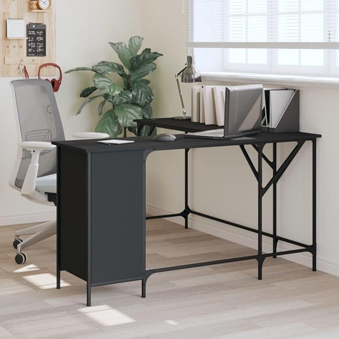 Black Engineered Wood Corner Desk 55.5-inch Industrial L-Shaped Computer Table with Adjustable Feet for Home Office Study Gaming