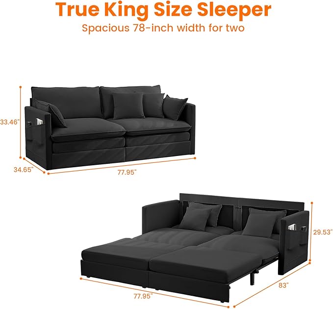 CECER 78 King Size Pull Out Sofa BedIce Velvet Pull Out Couch with Side Pocket3-in-1 Convertible Sleeper Sofa with 4 Pillows for Small Space/Living Room/Bedroom（Black）