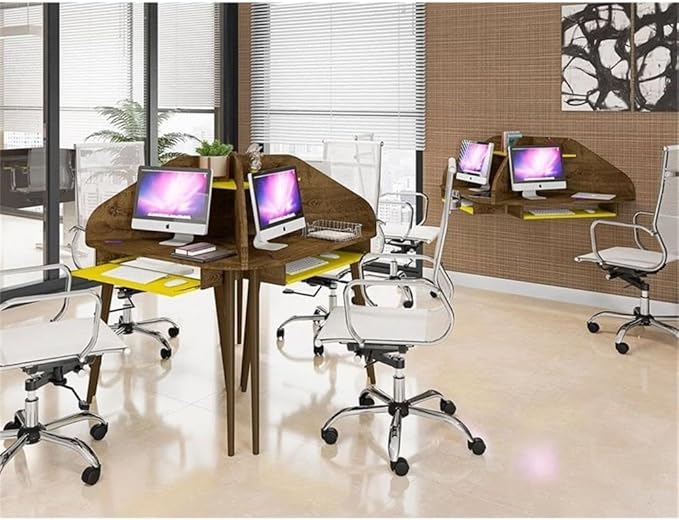 Eden Home Mid-Century Modern Wood Corner Desk Rustic Brown and Yellow Finish 47.24 in H x 43.98 in W x 31.1 in D Overhead Shelf Sliding Drawer Home Office Desk with Cable Management